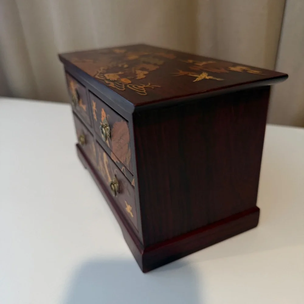 Vintage‎ Japanese Yosegi Zaiku Marquetry Wood Jewelry Box 4 Drawer Crane Inlay